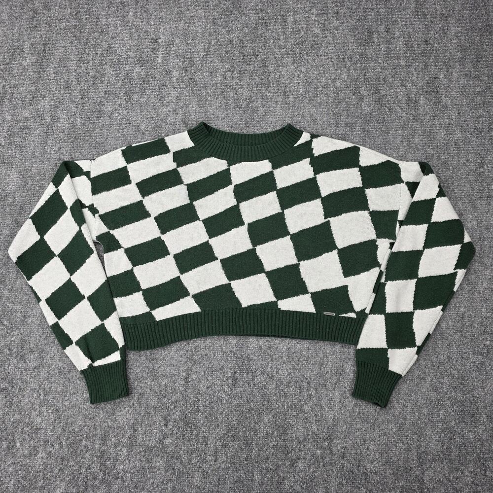 Hollister Sweater Womens XS Green Checkered Cropped Crewneck Knit Pullover